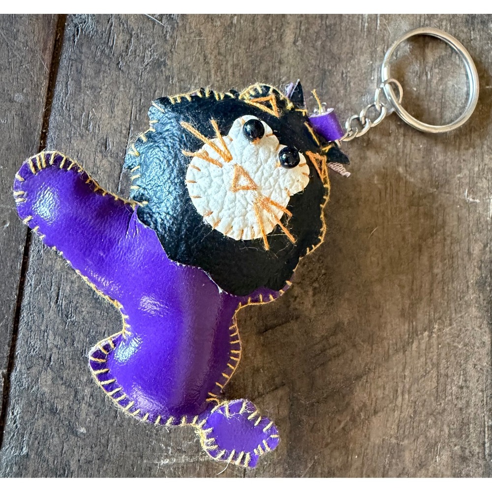 Handmade Purple Leather Lion Keychain Folk Art Bag Charm Whipstitch Detail
